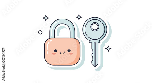 Cartoon padlock with key design isolated on white background concept