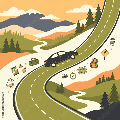 Car driving on a scenic road trip.