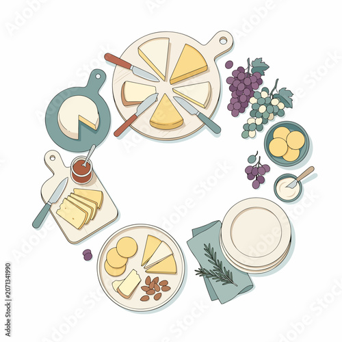Cheese and fruit on plates.