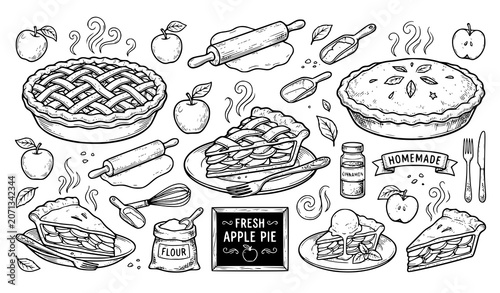 Steaming Apple Pie Line Art Vector Collection