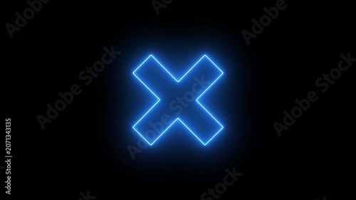 Glowing neon blue color cross mark animation on black back Background. 4k Cross Sign Animation.
