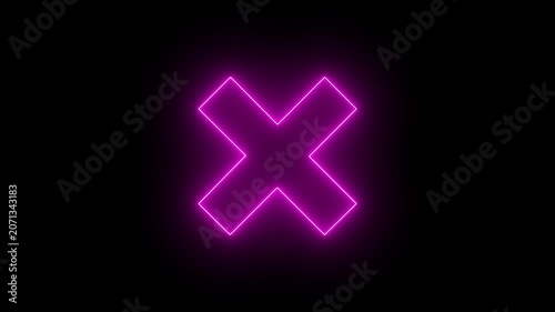 Glowing neon pink color cross mark animation on black back Background. 4k Cross Sign Animation.