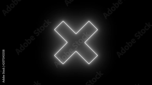Glowing neon white color cross mark animation on black back Background. 4k Cross Sign Animation.