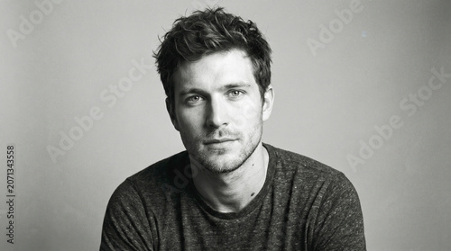 Black and white close-up portrait of young man with short dark hair wearing dark sweater, direct serious thoughtful gaze, slightly relaxed pose, studio photograph