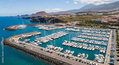 Aerial view of luxury harbor marina dock with yachts boats moored seaside resort town