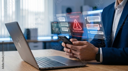 Obraz na płótnie Businessman receiving cybersecurity alert on phone with laptop nearby