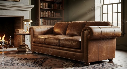 Classic luxury brown leather sofa couch inside elegant library room interior fireplace