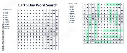 Earth Day word search puzzle with environmental vocabulary