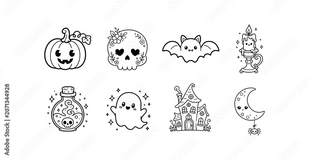 Fototapeta premium Cute Halloween Doodle Icons Set, Ghost, Skull, Bat, Haunted House, Hand Drawn Outline Clipart Collection, Spooky Vector Elements