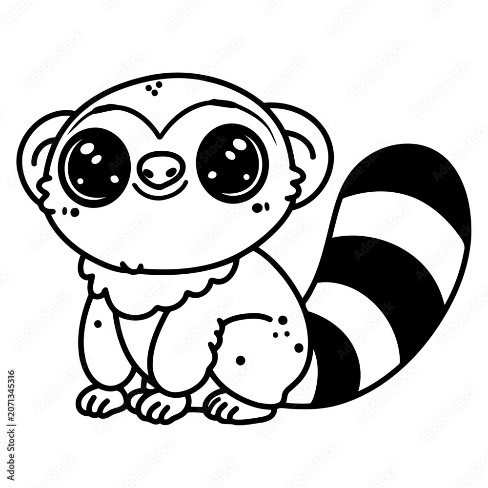 Obraz premium Cute cartoon lemur vector illustration with a large striped tail, perfect for kids coloring books, educational activity sheets, and Madagascar wildlife design projects