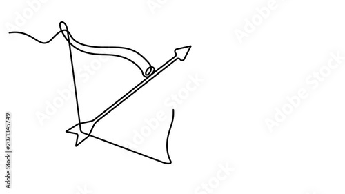 Animated self drawing of Continuous single line drawing of a bow and arrow for archery sport. Full length one line animation. 4K video