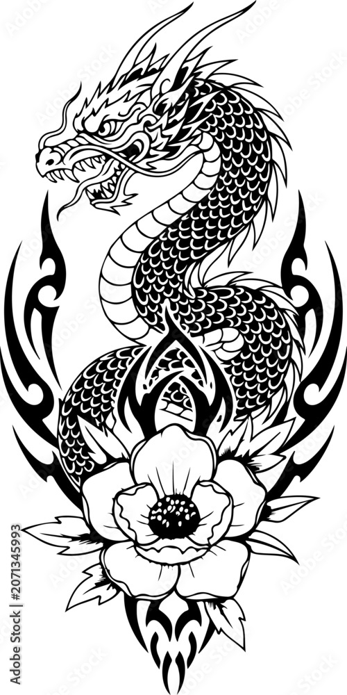 Obraz premium Majestic Dragon with Floral Blossom Coloring Page