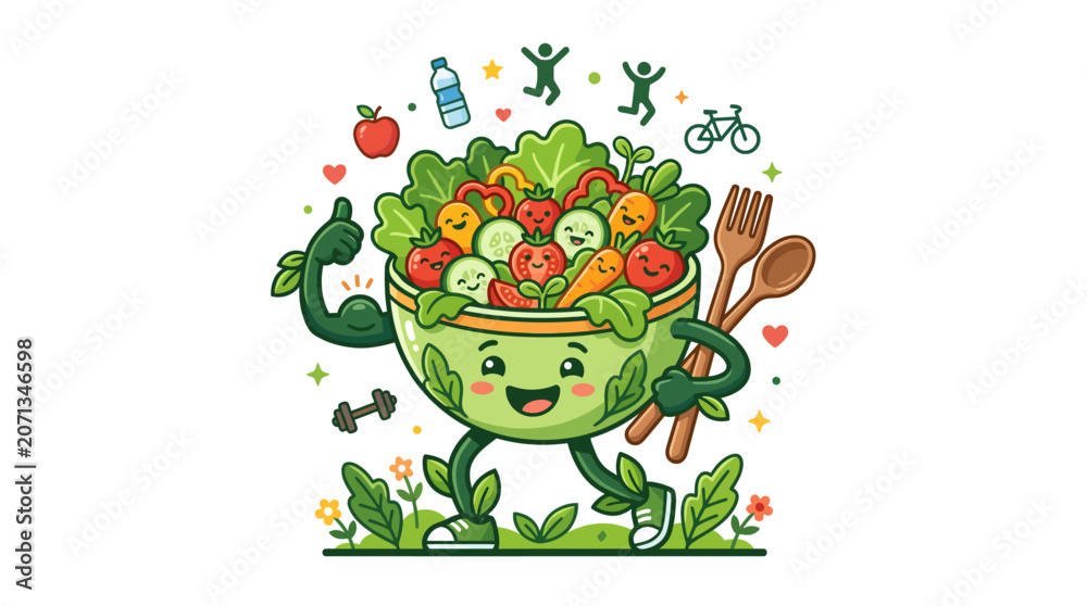 Fototapeta premium Strong healthy salad bowl mascot with vegetables and active icons