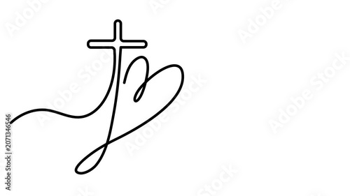 Animated self drawing of Continuous single line drawing of a christian cross combined with a heart shape symbol representing love and faith in a minimalist. Full length one line animation. 4K video