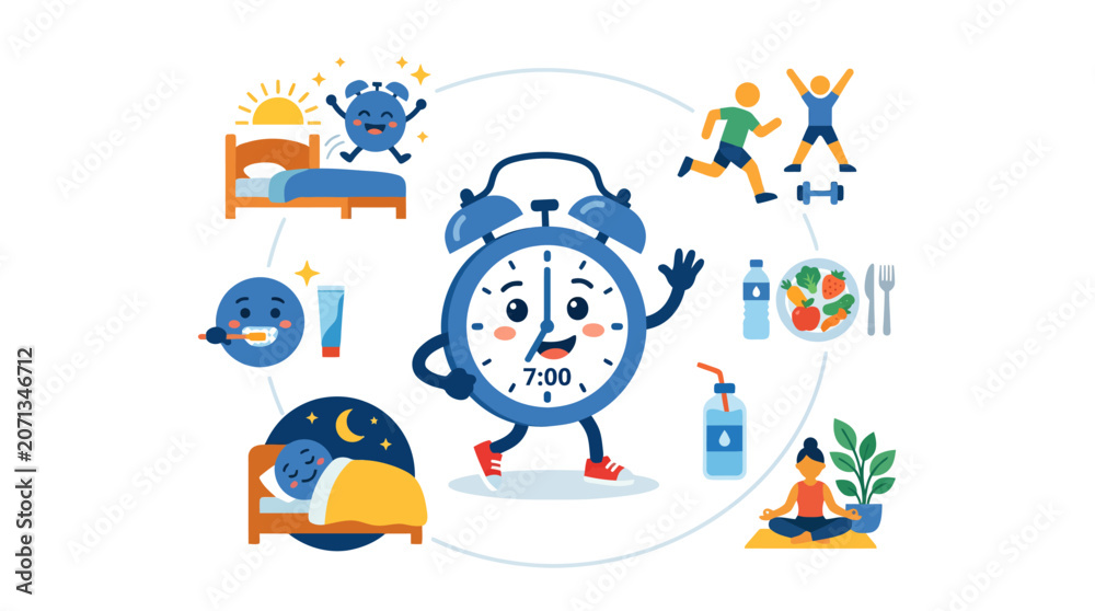 Naklejka premium Healthy daily routine concept with alarm clock character