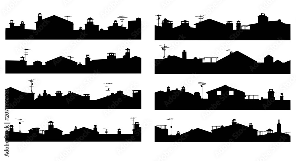 Obraz premium Collection of black silhouette house shapes with rooftop elements on white background