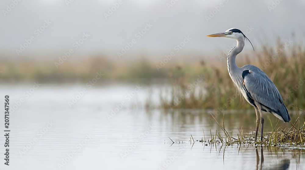 Obraz premium Majestic grey heron standing by the water in misty morning light