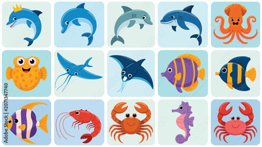 Obraz premium Charming collection of 16 cartoon sea animals including dolphins, octopus, crab and fish icons