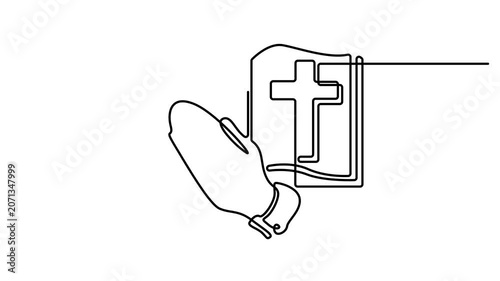 Animated self drawing of Continuous single line drawing of hands praying over an open bible with a cross symbol representing faith religion and spirituality. Full length one line animation. 4K video