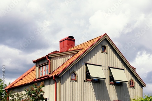 Photography Classic traditional house in Scandinavia countryside, roof closeup