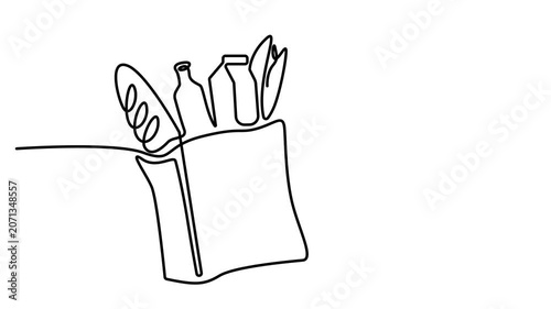 Animated self drawing of Continuous single line drawing of a grocery paper bag filled with bread and bottles of milk for food shopping. Full length one line animation. 4K video