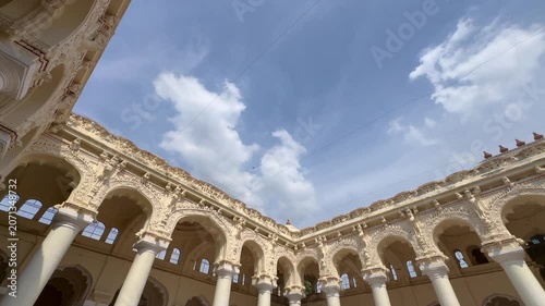 Decorative stone pillars and ornate architectural details inside Thirumalai Nayakkar Palace in Madurai, Tamil Nadu, India, showcasing the grandeur and craftsmanship of Nayak dynasty heritage