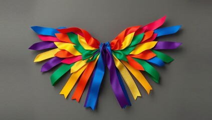 Abstract wings formed from vibrant multicolored fabric ribbons symbolizing unity and freedom arranged on a neutral gray background for artistic expression