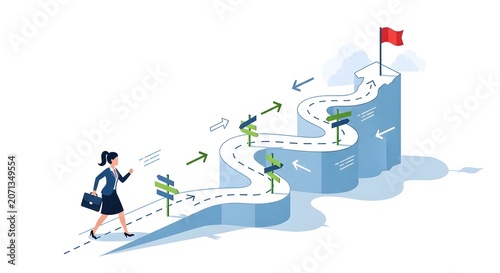 Isometric business woman climbing up career ladder winding road growth concept