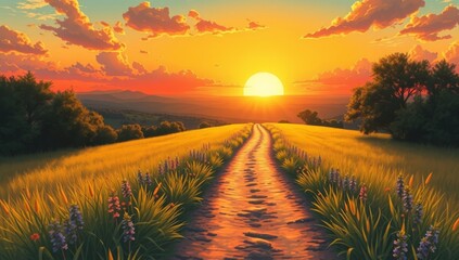 Golden sunset path winding through a vibrant meadow toward a bright horizon representing hope and new beginnings in a peaceful countryside landscape