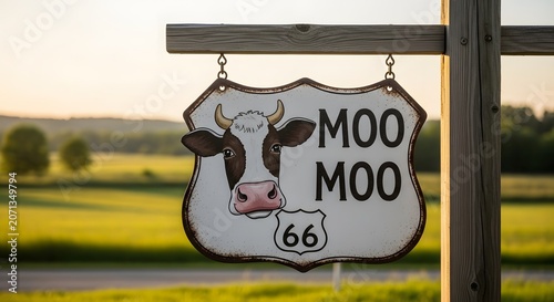 Moo Moo vintage cow route 66 signboard standing on beautiful countryside meadow