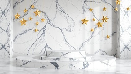 Luxury marble podium display with floating golden stars for premium product presentation and elegant festive decor in a bright minimalist interior setting