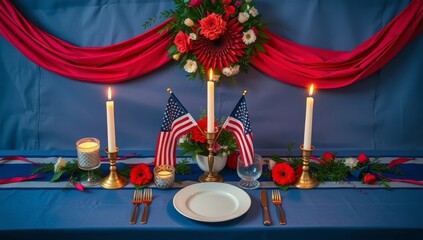 Patriotic table setting with american flags and candles for festive celebration featuring elegant floral arrangements and red drapes on a blue background