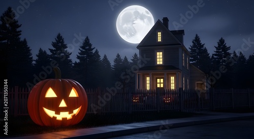 Spooky halloween house at dark night forest with glowing scary pumpkin lantern