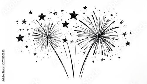 Black and White Fireworks Display with Stars and Confetti.
