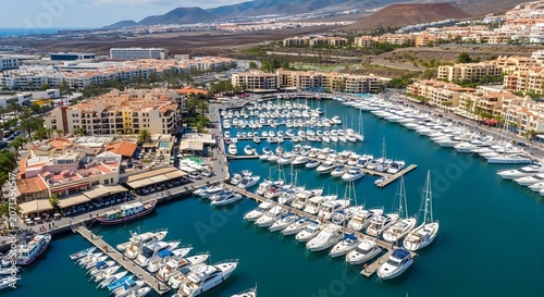 Aerial view of luxury harbor marina port resort city coast landscape drone view