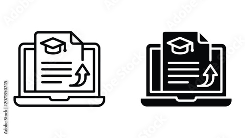 Digital document upload icon for online education portal featuring graduation cap and file icon with arrow showing submission of academic assignments or digital homework in clean vector style