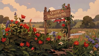 Rustic wooden sign standing amidst vibrant wildflowers in a peaceful meadow under a soft pastel sunset sky for a charming rural countryside atmosphere
