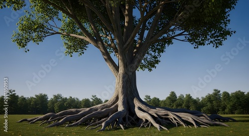 Ancient giant banyan tree with deep roots spreading across field background