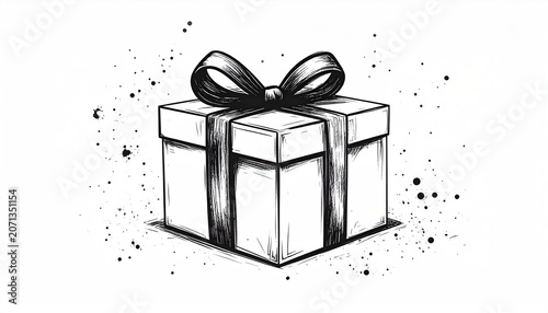 Hand Drawn Sketch of a Gift Box with Ribbon and Bow.