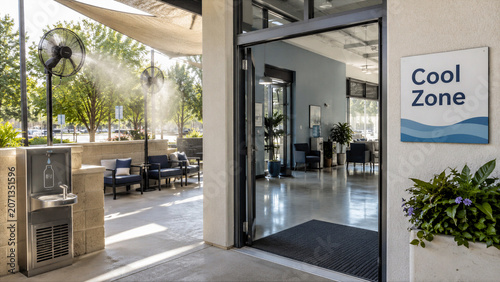 Cool Zone is a space with cooling fans, comfortable seating, and a water station in a sunny location during a warm afternoon