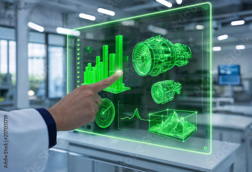 A person interacts with futuristic holographic projections displaying graphs and machinery parts in an office environment.