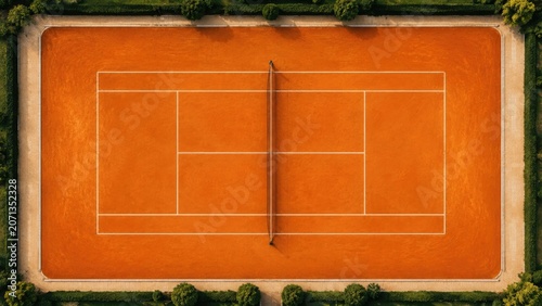 Aerial view of a symmetrical red clay tennis court with centered net, white lines, orange surface and surrounding trees