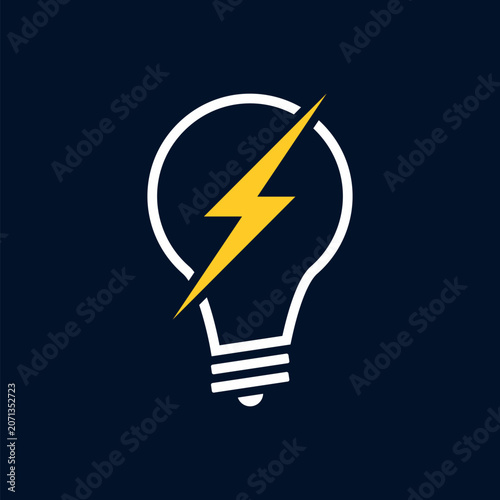 Light Bulb with Lightning Bolt Icon on Dark Navy Background. Illustration Vector