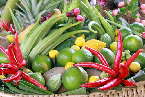 Fresh farm basket filled with organic fruits and vegetables, pesticide-free harvest, wholesome and nutritious food concept