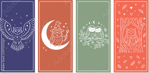 Cute Magical Owl Scene Vector Illustration Set with Celestial Flying Owl Wizard Moon Owl Couple and Tree Nest for Halloween and Boho Card Design