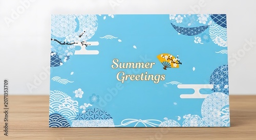 Summer greetings blue traditional japanese pattern postcard layout presentation on wood