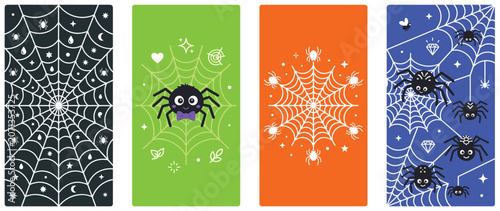 Halloween Spider Web and Cute Spider Character Vector Illustration Set for Party Decoration Greeting Card and Seasonal Design