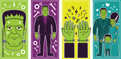 Frankenstein Monster Character Vector Illustration Set with Face Full Body Hands and Family for Halloween Card and Party Design