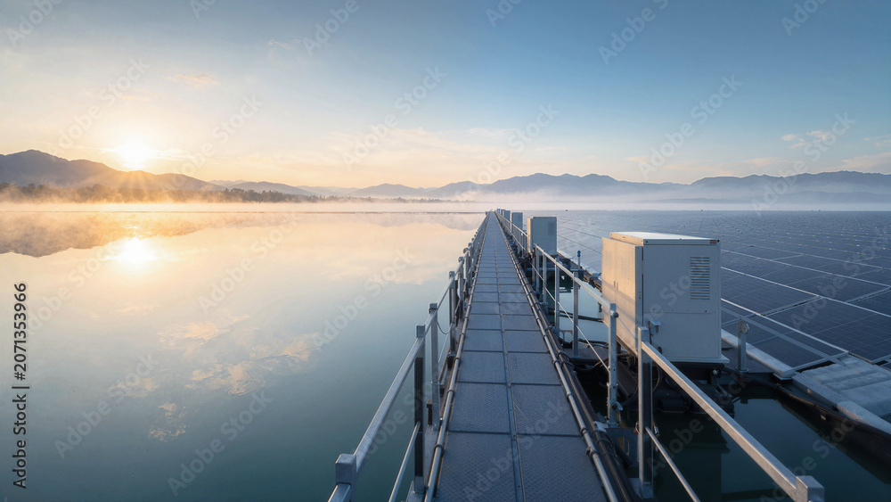 Obraz premium Sunrise over a solar panel installation on water with mist rising in the early morning