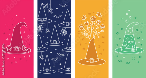 Halloween Witch Hat Creative Concept Vector Illustration Set with Magic Stars Spiders Flowers and Fish for Card and Party Design